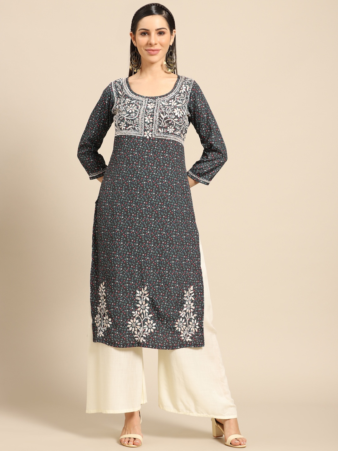 Saadgi Women Charcoal Grey & Off-White Ethnic Motifs Chikankari Embroidered Handloom Kurta
Saadgi Women Charcoal Grey & Off-White Ethnic Motifs Chikankari Embroidered Handloom Kurta