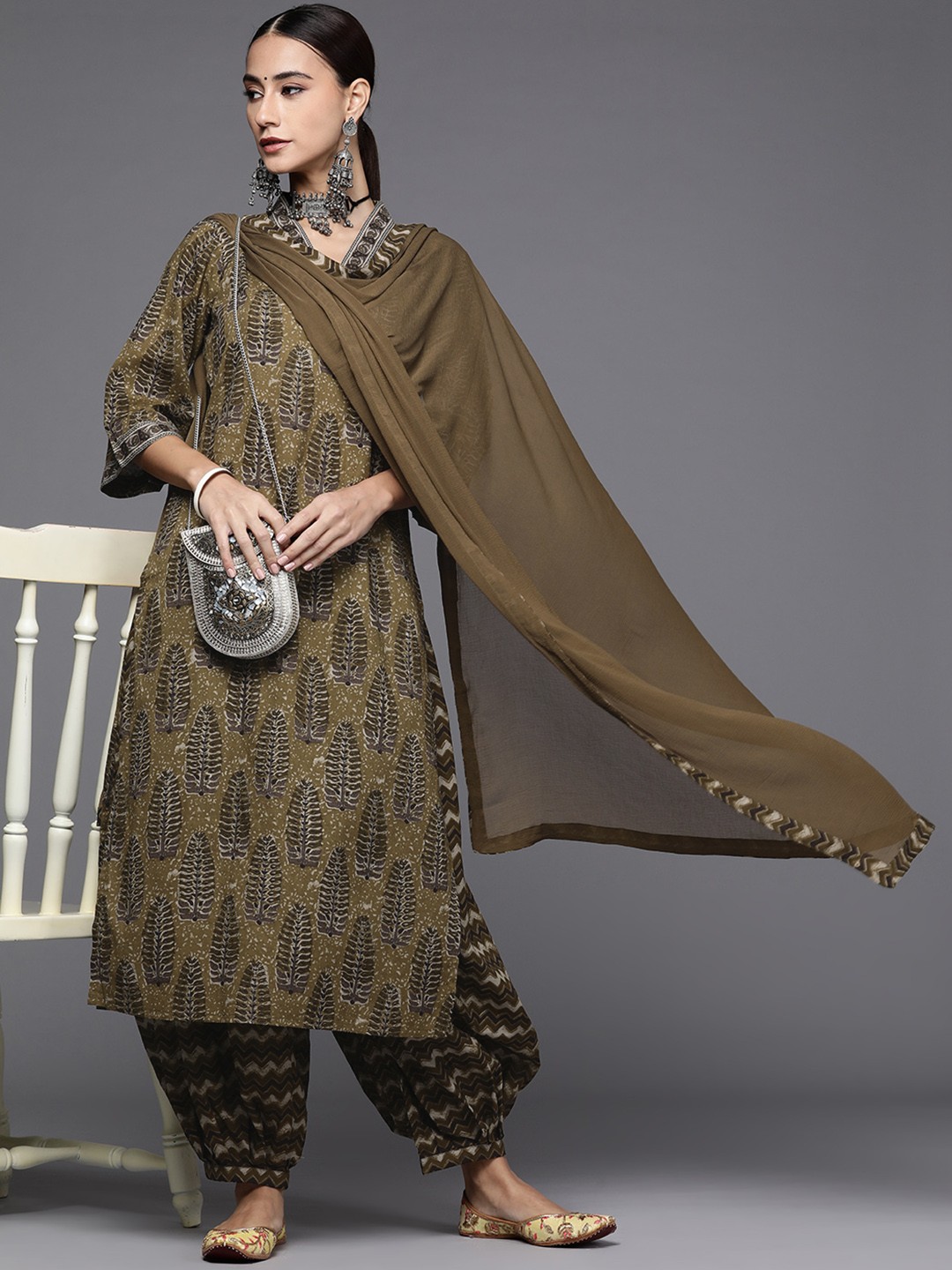 Libas Women Olive Green & Brown Printed Pure Cotton Kurta with Salwar & With Dupatta