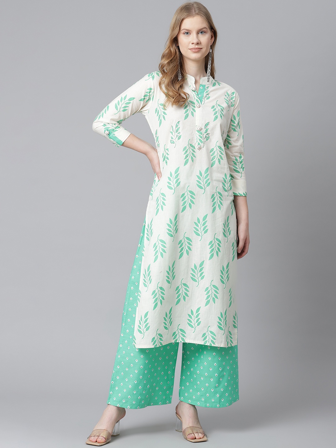 HIGHLIGHT FASHION EXPORT Women White & Green Pure Cotton Printed Kurta with Palazzos
HIGHLIGHT FASHION EXPORT Women White & Green Pure Cotton Printed Kurta with Palazzos