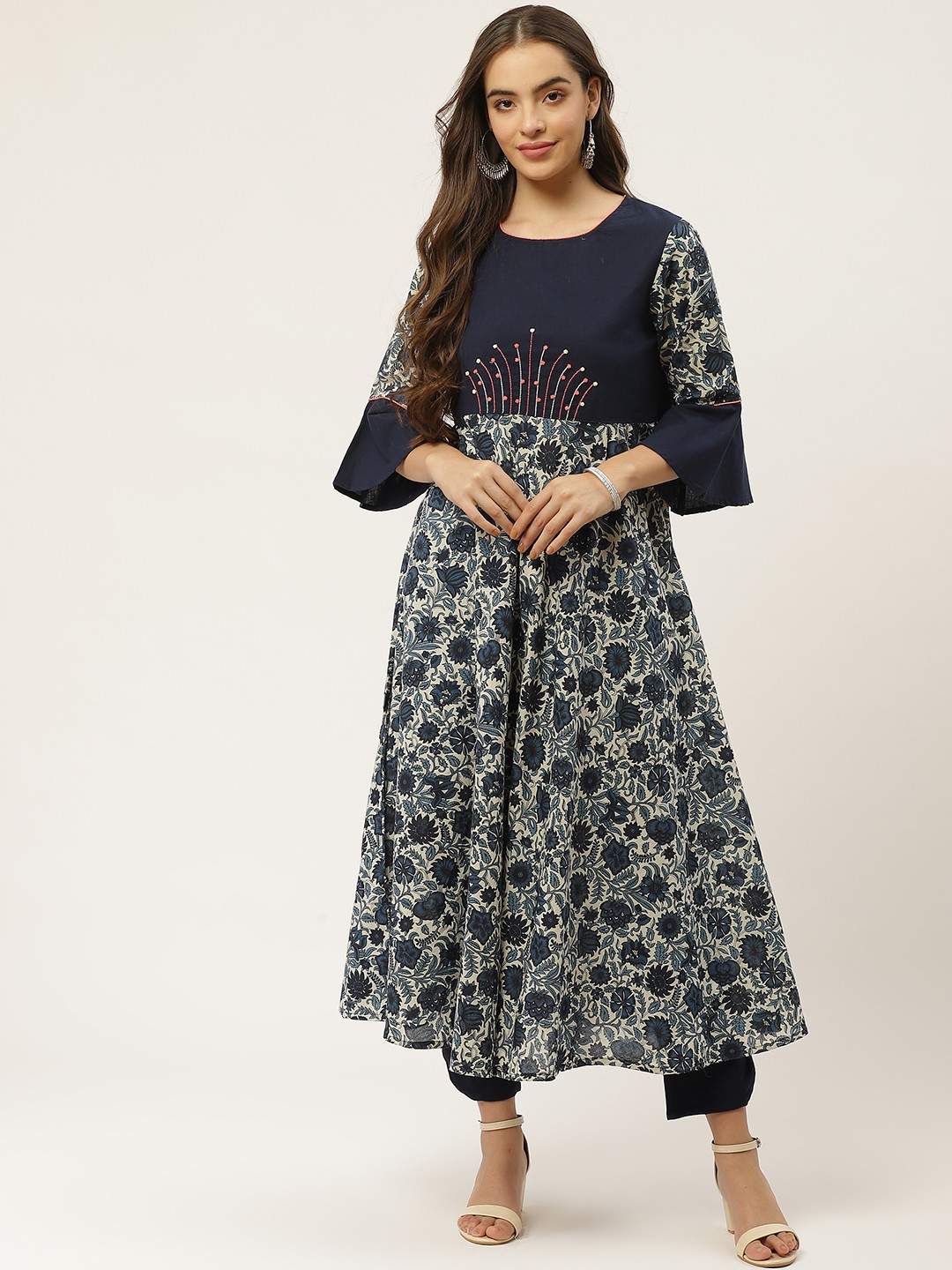 FABRIC FITOOR Women Navy & Off White Ethnic Print Bell Sleeves Thread Work Indigo Kurta, Navy blue
FABRIC FITOOR Women Navy & Off White Ethnic Print Bell Sleeves Thread Work Indigo Kurta, Navy blue