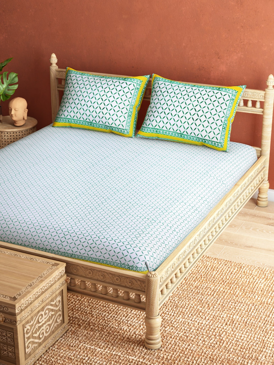 Taavi White & Green Geometric Hand Block Print 120 TC Queen Bedsheet with 2 Pillow Covers
Taavi White & Green Geometric Hand Block Print 120 TC Queen Bedsheet with 2 Pillow Covers