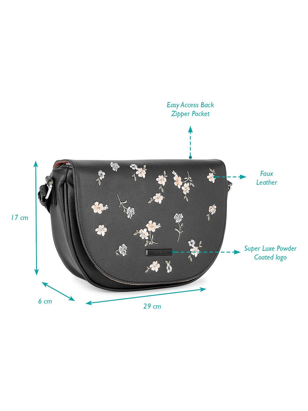 Caprese Black Floral Embroidered Half Moon Sling Bag with Non-Detachable Sling Strap
Caprese Black Floral Embroidered Half Moon Sling Bag with Non-Detachable Sling Strap