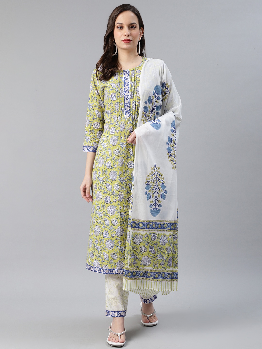 AHIKA Women Lime Green & White Printed Pure Cotton Kurta with Trousers & Dupatta
AHIKA Women Lime Green & White Printed Pure Cotton Kurta with Trousers & Dupatta