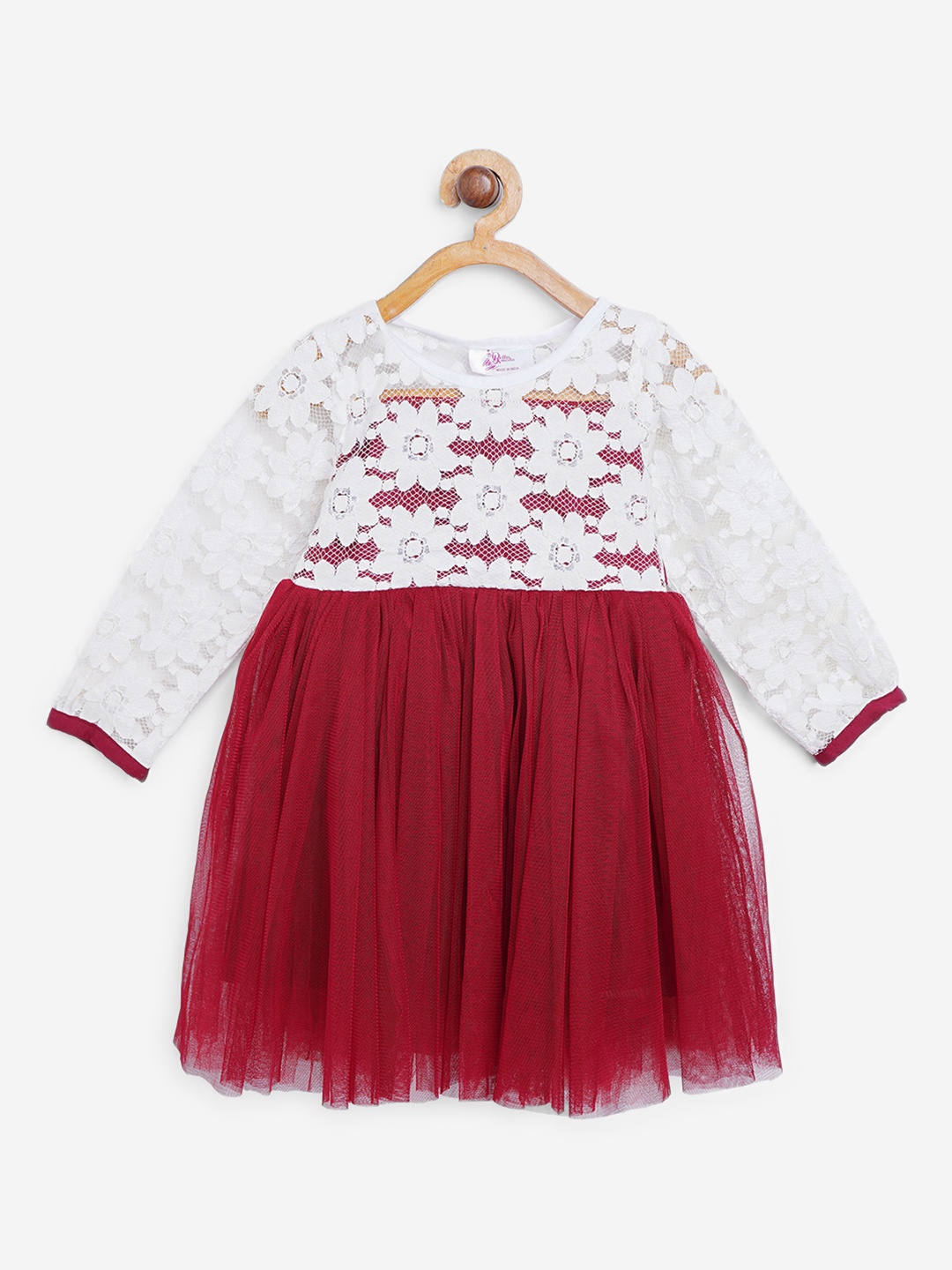 Bella Moda Girls White & Maroon Colourblocked Floral Lace Fit & Flare Dress with Tie-Ups