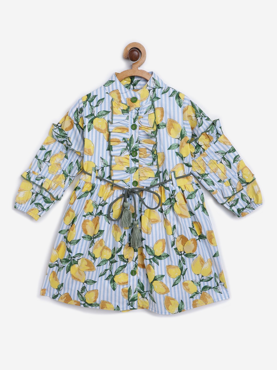 Bella Moda Girls Blue & White Striped & Mango Print Ruffled Fit & Flare Dress with Belt
Bella Moda Girls Blue & White Striped & Mango Print Ruffled Fit & Flare Dress with Belt