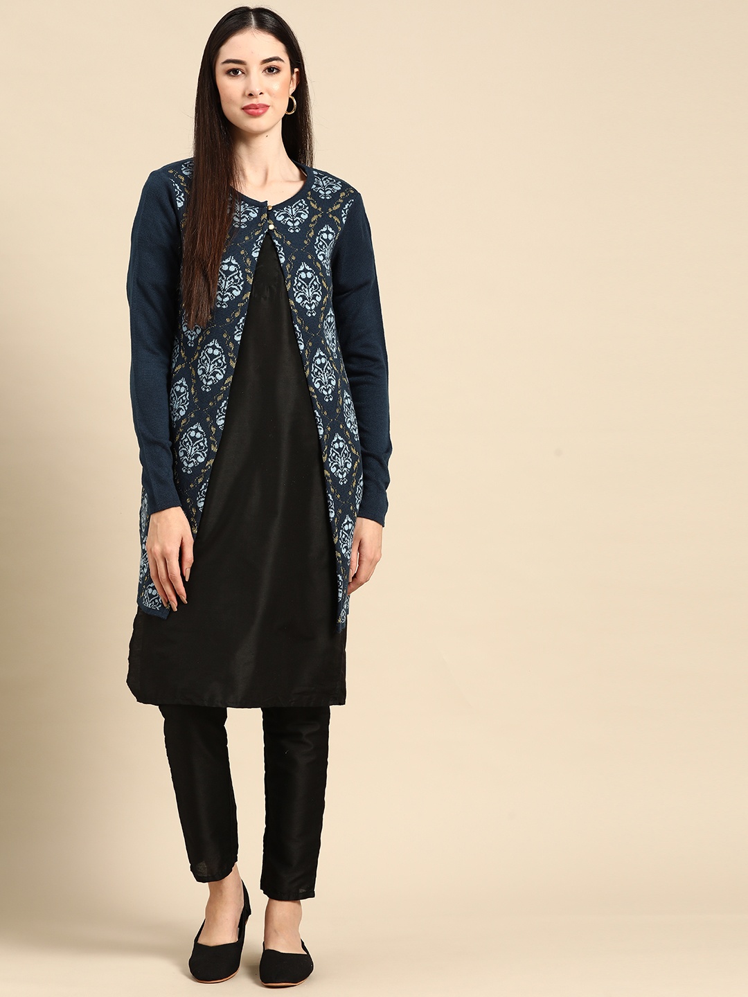 Anouk Women Navy Blue & Gold Ethnic Motifs Patterned Winter Longline Front-Open Sweater
Anouk Women Navy Blue & Gold Ethnic Motifs Patterned Winter Longline Front-Open Sweater