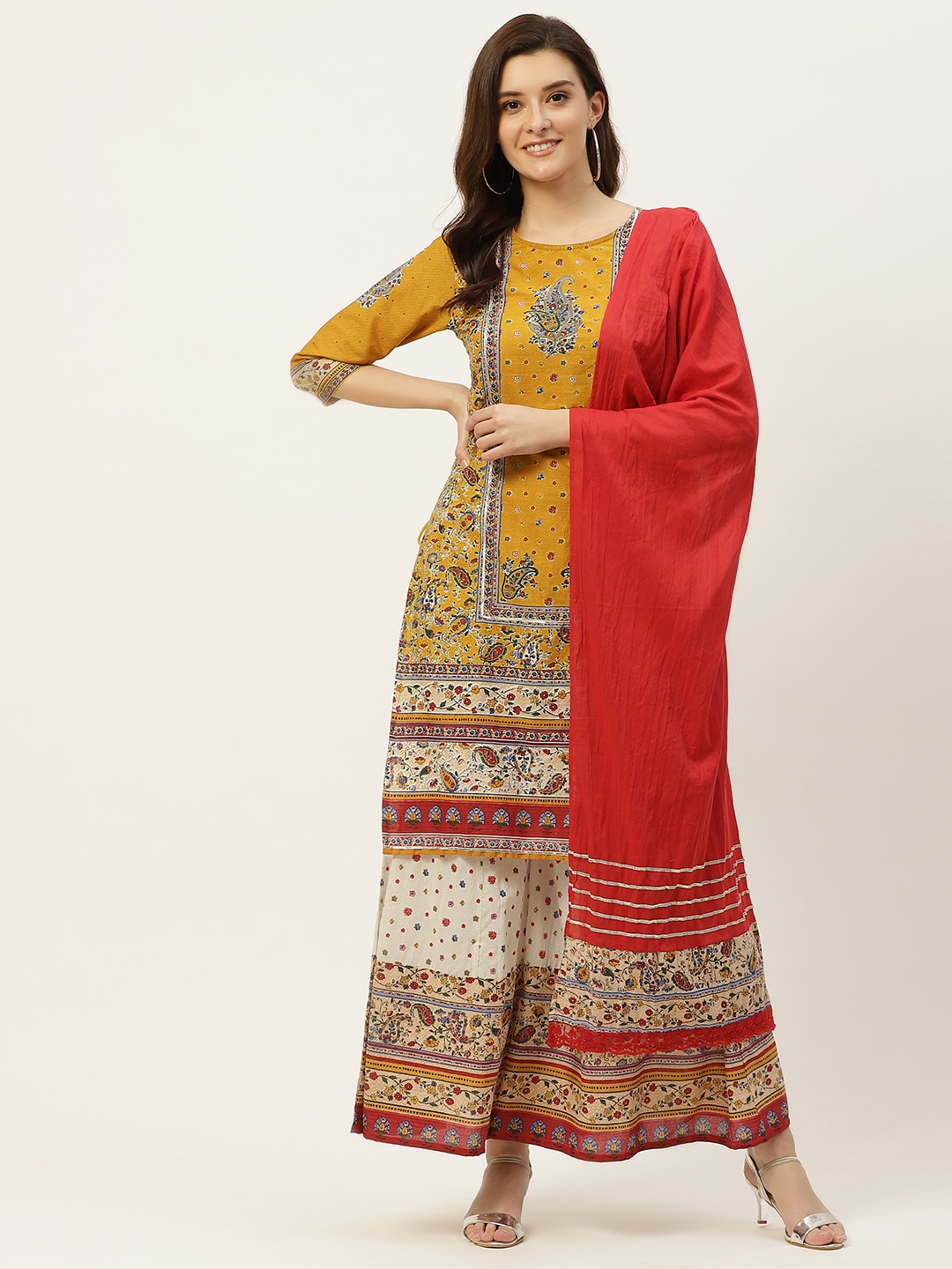 Juniper Women Mustard Orange & Red Ethnic Motifs Print Gotta Patti Straight Kurta Set
Juniper Women Mustard Orange & Red Ethnic Motifs Print Gotta Patti Straight Kurta Set
