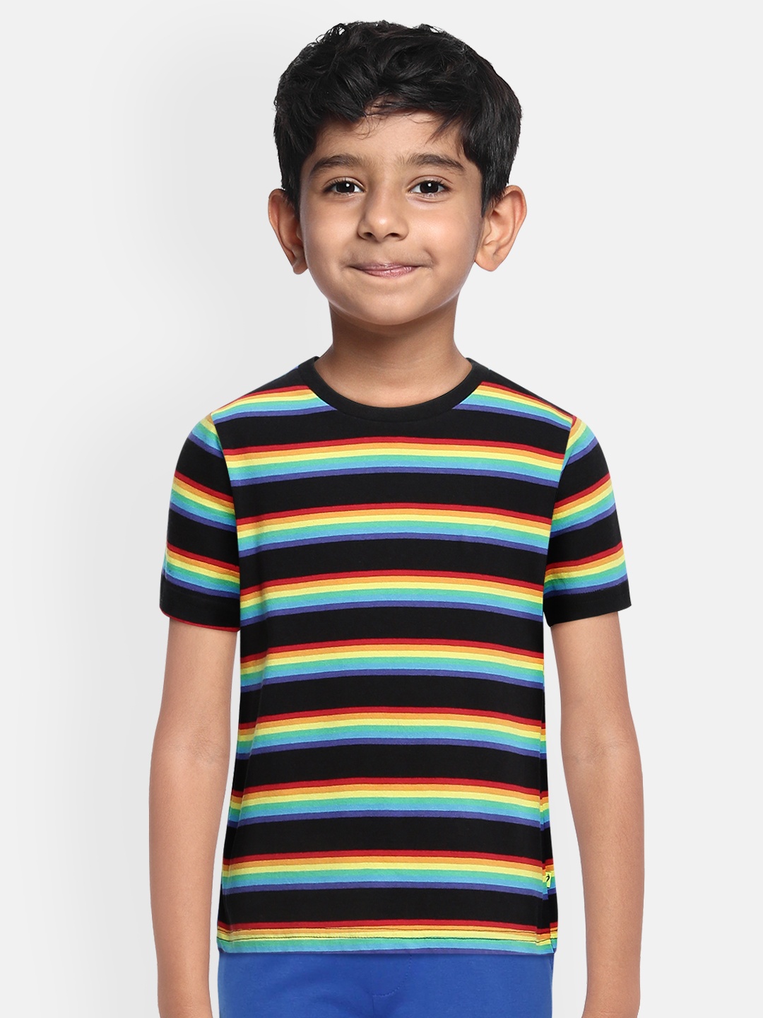 Indian Terrain Boys Black Pure Cotton Striped Pure Cotton T-shirt