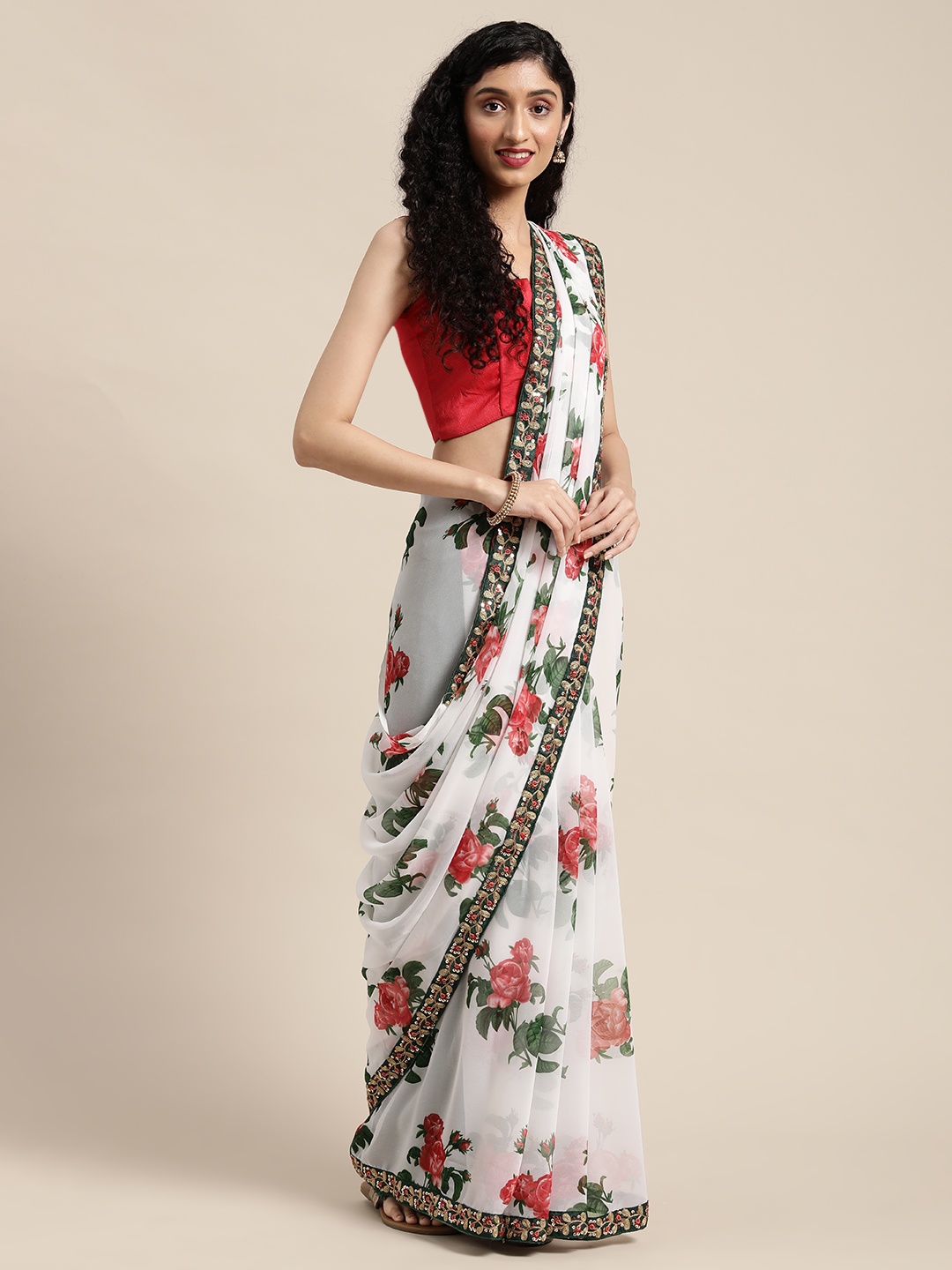 VASTRANAND White & Red Floral Print Sequinned Detail Saree
