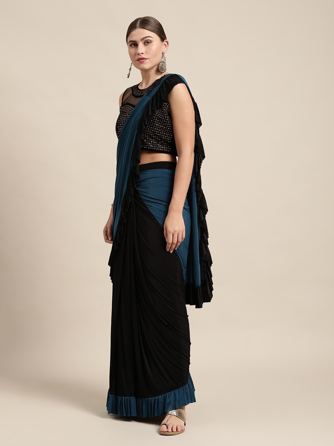 VASTRANAND Black & Teal Blue Ruffled Ready To Wear Saree with Embellished Blouse