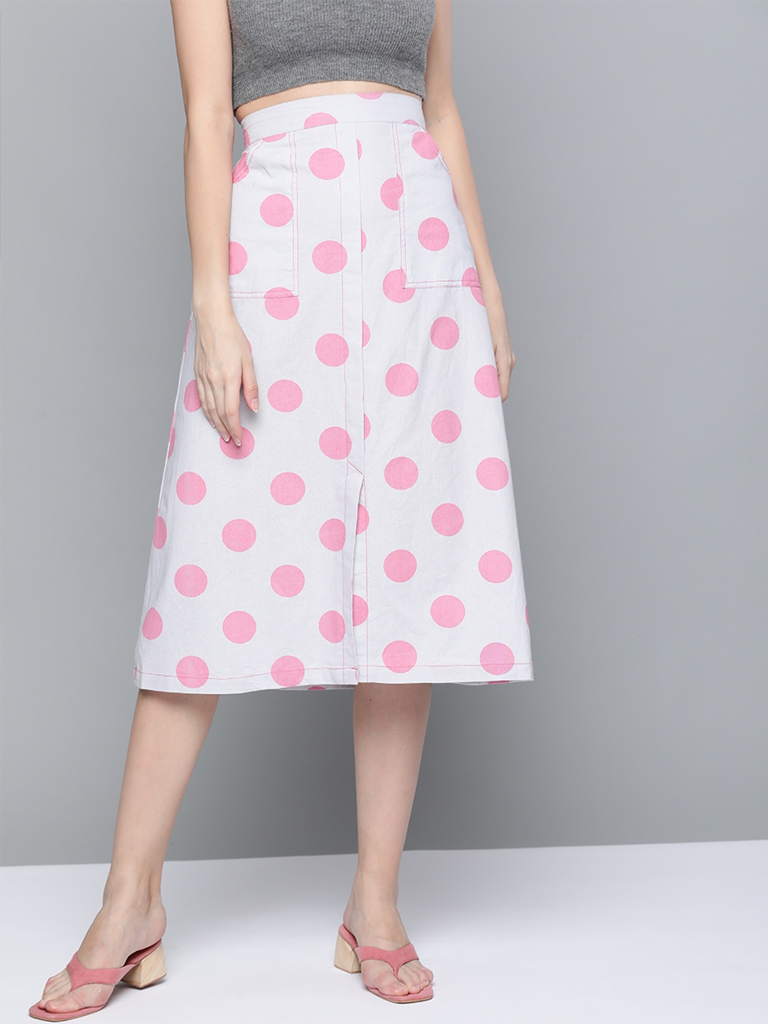 SASSAFRAS Women Grey & Pink Polka Dot Print Cotton Linen Front Slit Midi A-Line Skirt
SASSAFRAS Women Grey & Pink Polka Dot Print Cotton Linen Front Slit Midi A-Line Skirt