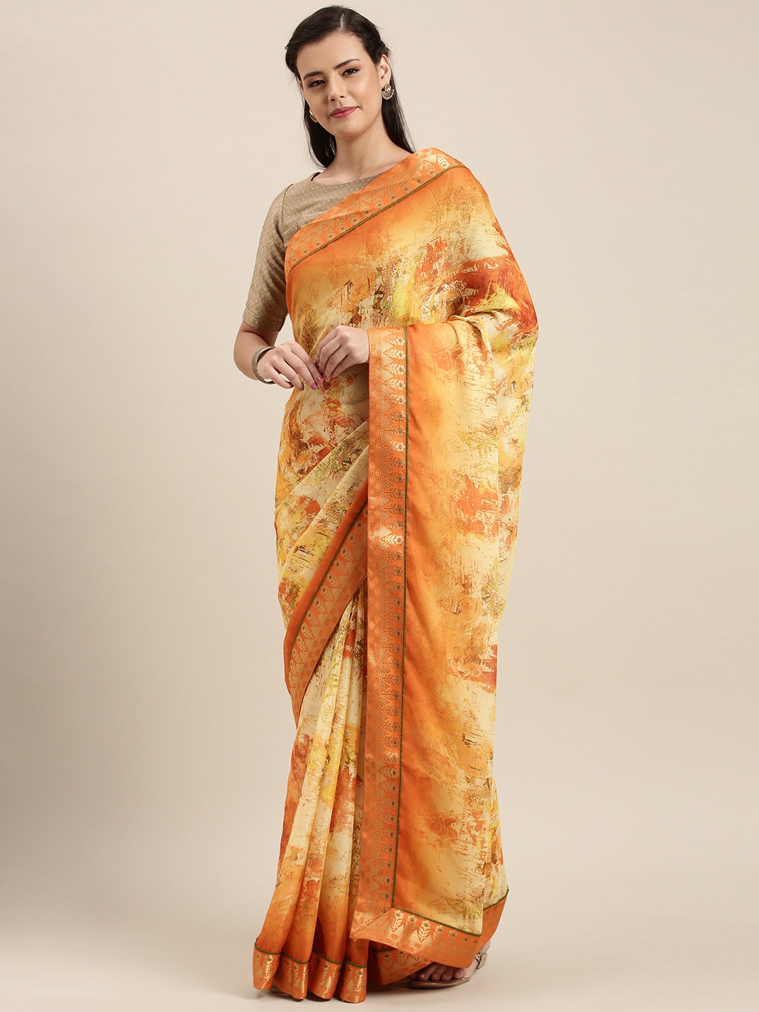 Soch Yellow Printed Poly Georgette Saree