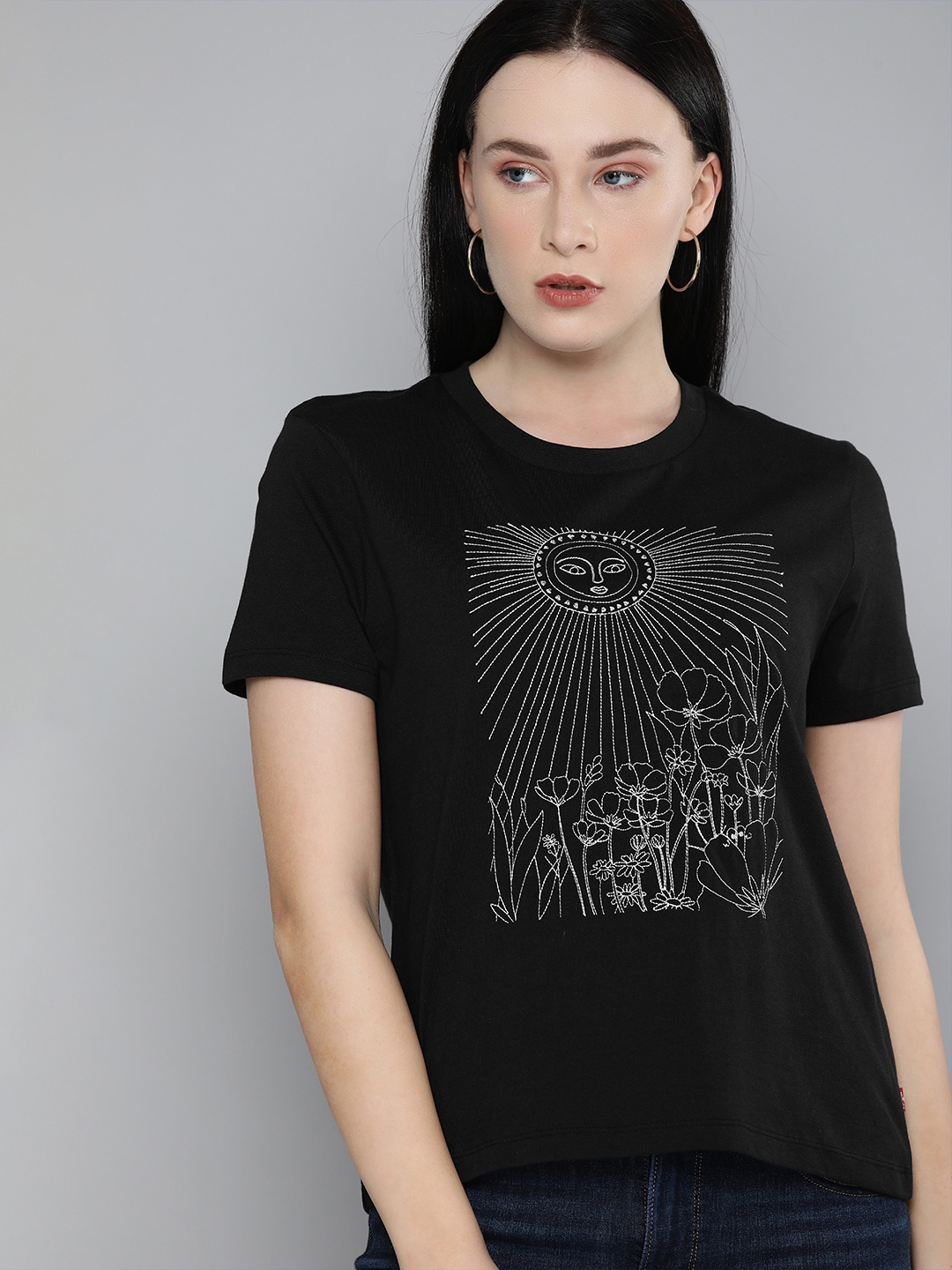 Levis Women Black White Printed Sustainable Pure Cotton T-shirt