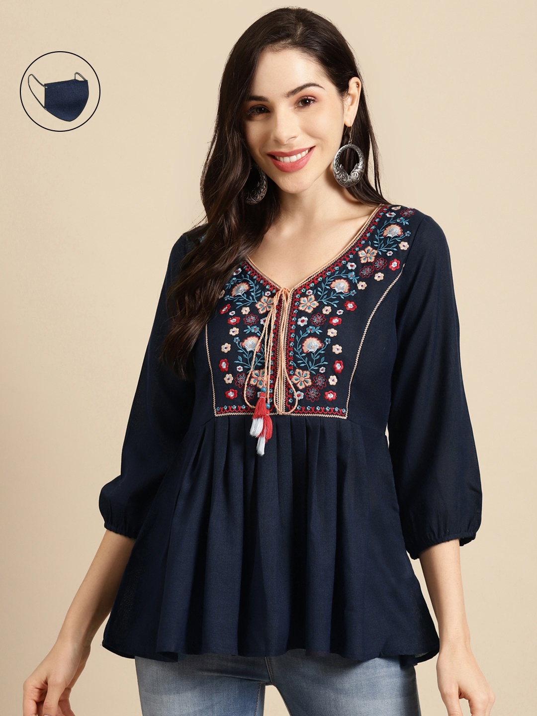 RANGMAYEE Navy Blue Ethnic Motifs Embroidered Tunic with Mask