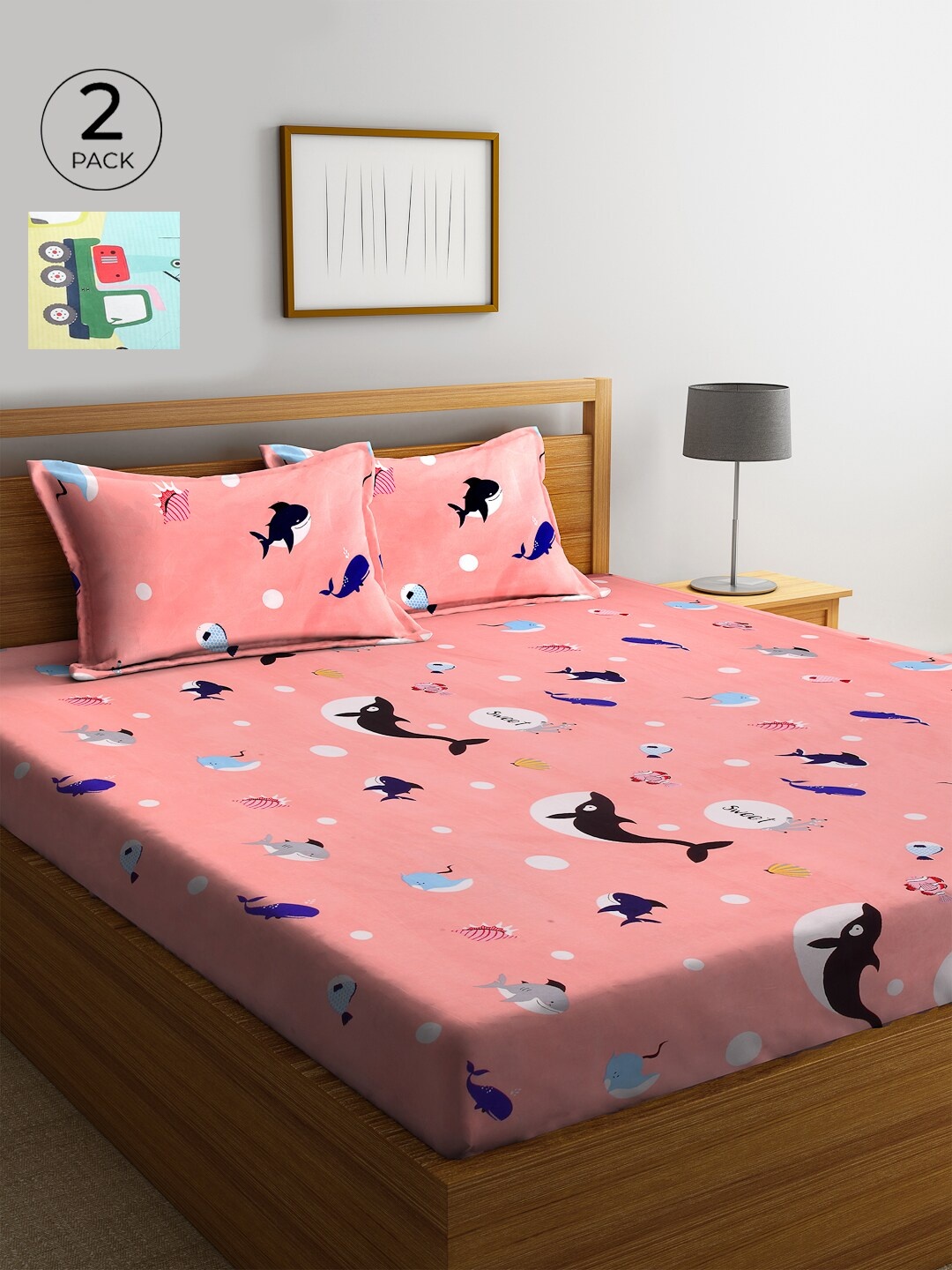 KLOTTHE Peach-Coloured & Blue Conversational 210 TC Cotton 2 King Bedsheet with 4 Pillow Covers
KLOTTHE Peach-Coloured & Blue Conversational 210 TC Cotton 2 King Bedsheet with 4 Pillow Covers
