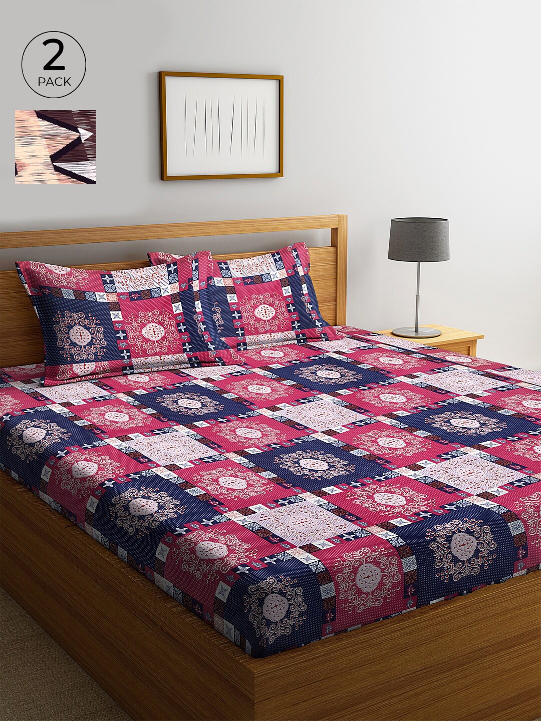 KLOTTHE Navy Blue & Pink Geometric 210 TC Cotton 2 King Bedsheet with 4 Pillow Covers
KLOTTHE Navy Blue & Pink Geometric 210 TC Cotton 2 King Bedsheet with 4 Pillow Covers