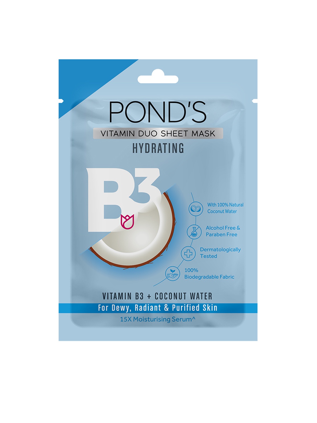 Ponds Vitamin B3 + Coconut Water Hydrating Sheet Mask For Dewy & Radiant Skin 25 ml, Blue
Ponds Vitamin B3 + Coconut Water Hydrating Sheet Mask For Dewy & Radiant Skin 25 ml, Blue