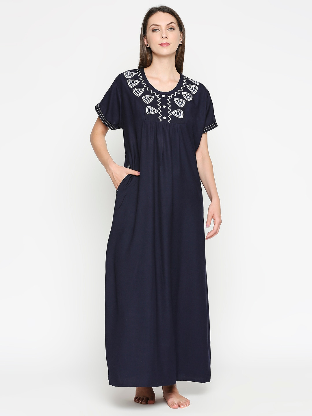 Pretty Awesome Navy Blue & White Embroidered Nightdress
Pretty Awesome Navy Blue & White Embroidered Nightdress