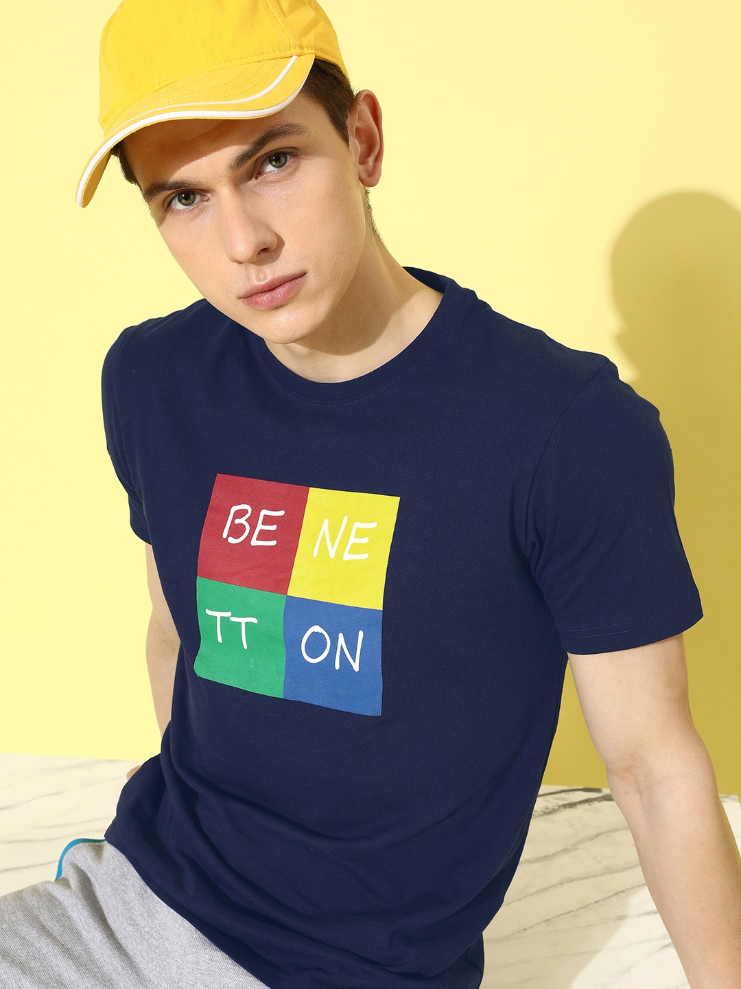 United Colors of Benetton Men Deep Navy Blue Printed Carefree Shape Tshirt