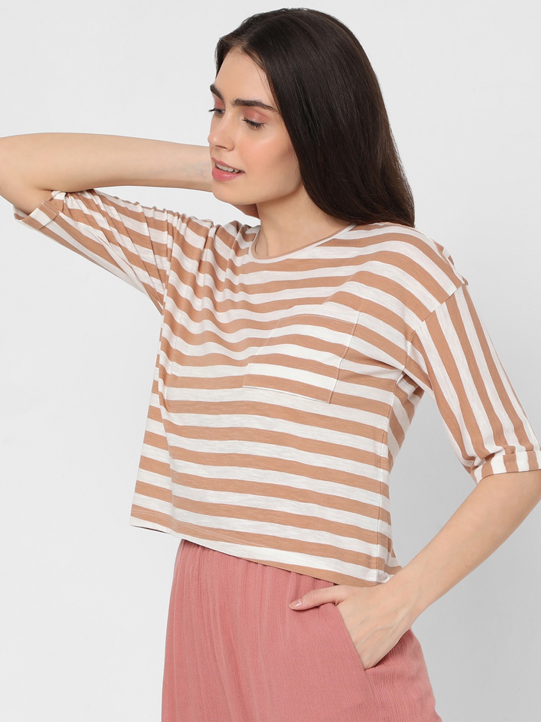 Vero Moda Women Brown & White Printed T-shirt