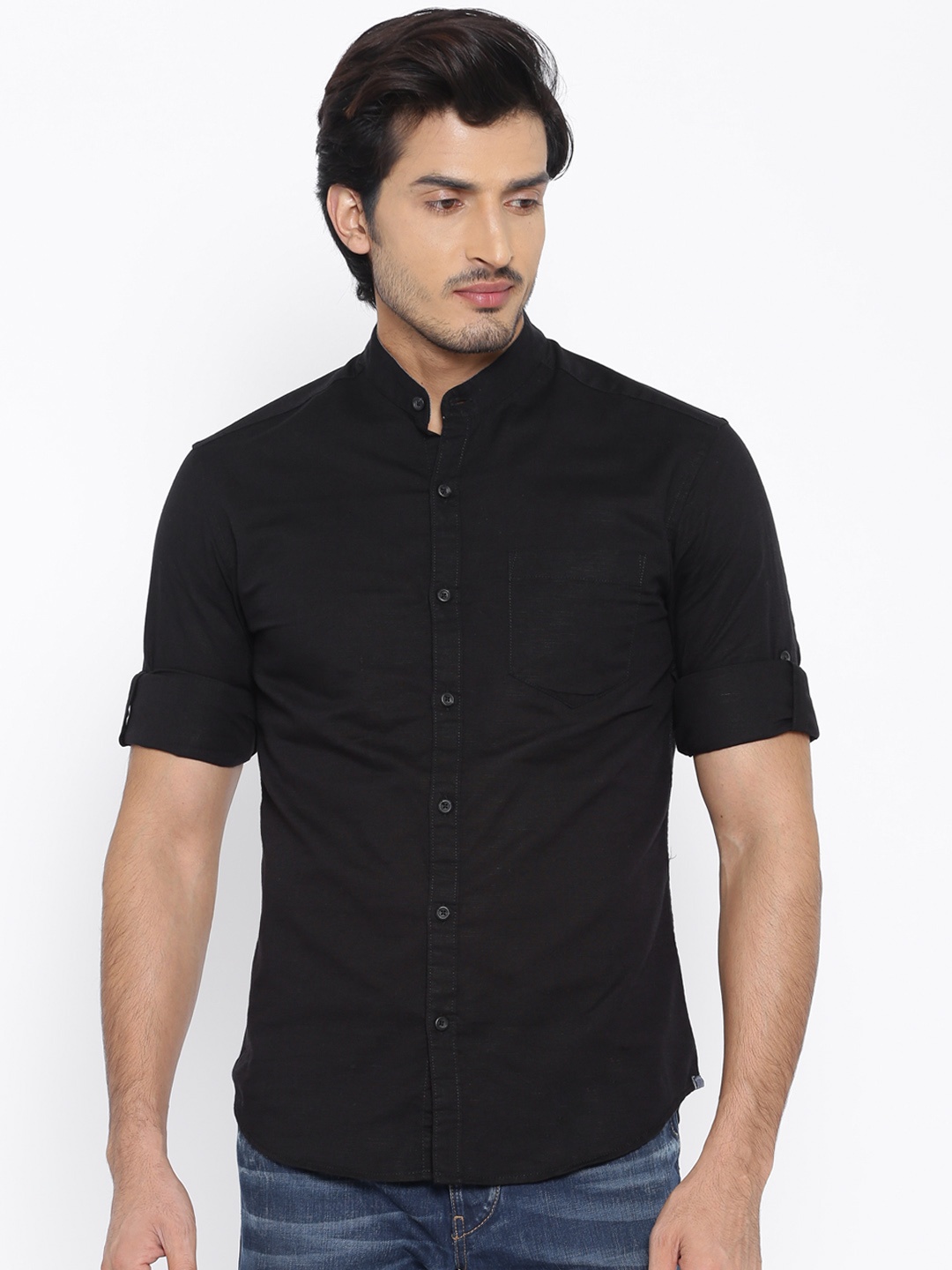 Locomotive Black Slim Fit Linen Casual Shirt