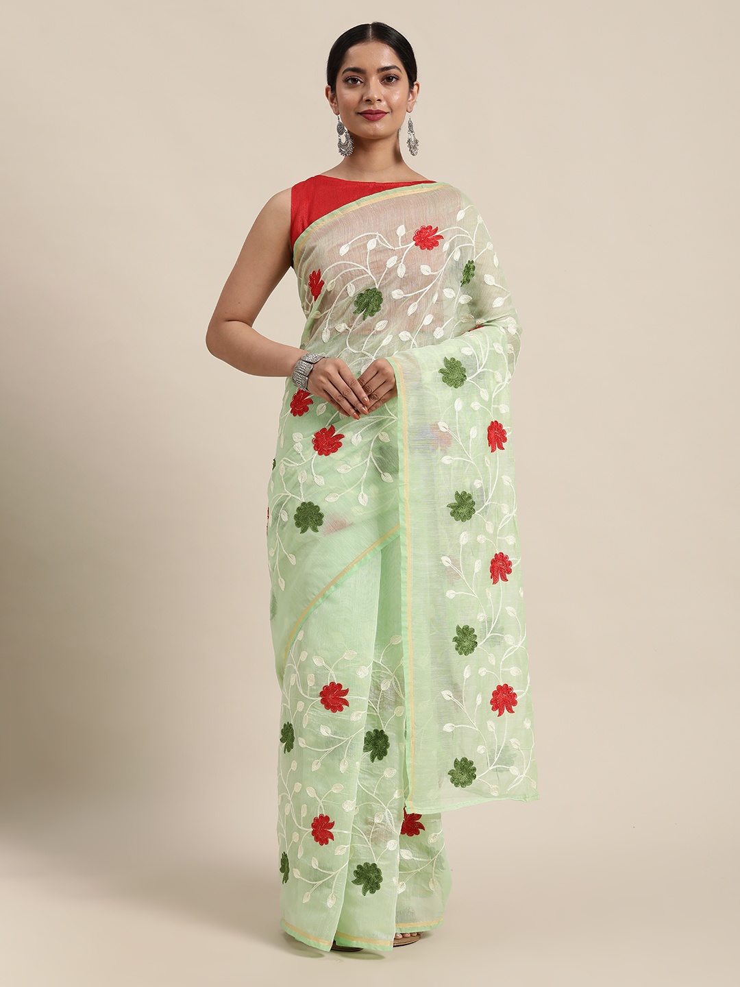 Mitera Green & Red Floral Embroidered Saree