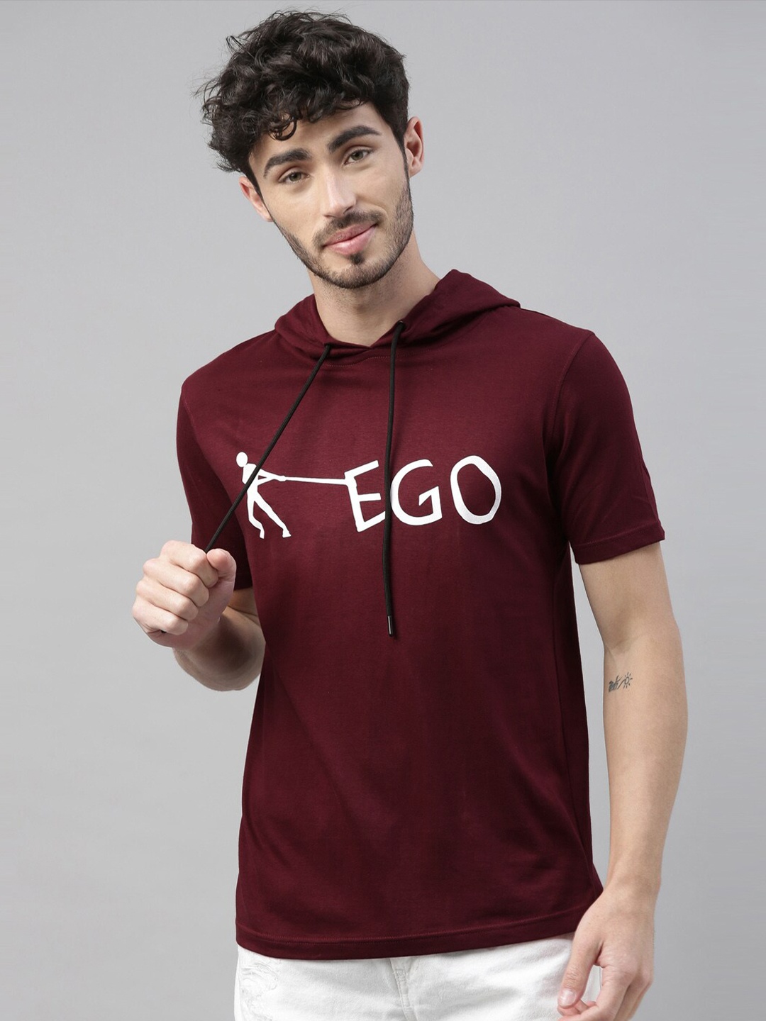 Bushirt Men Maroon Printed Hooded T-shirt