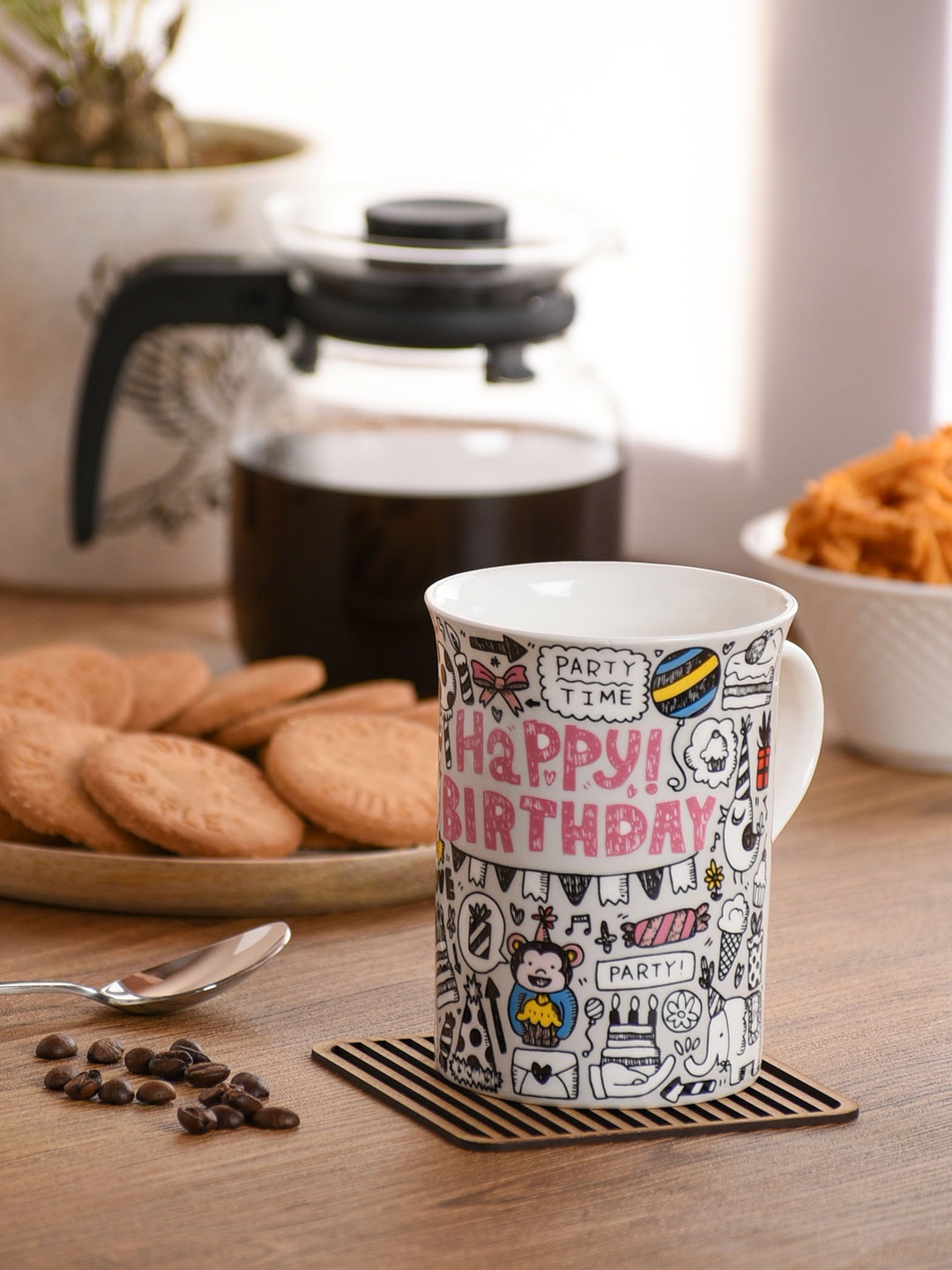 CLAY CRAFT White Printed 2-Pieces Ceramic Mugs Set