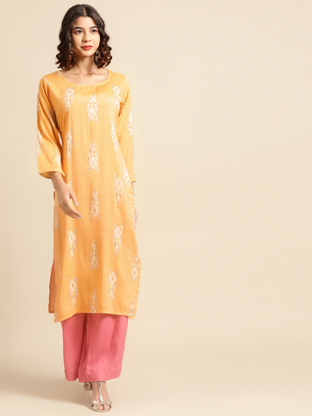Saadgi Women Yellow Pure Cotton Ikat Print Kurta
