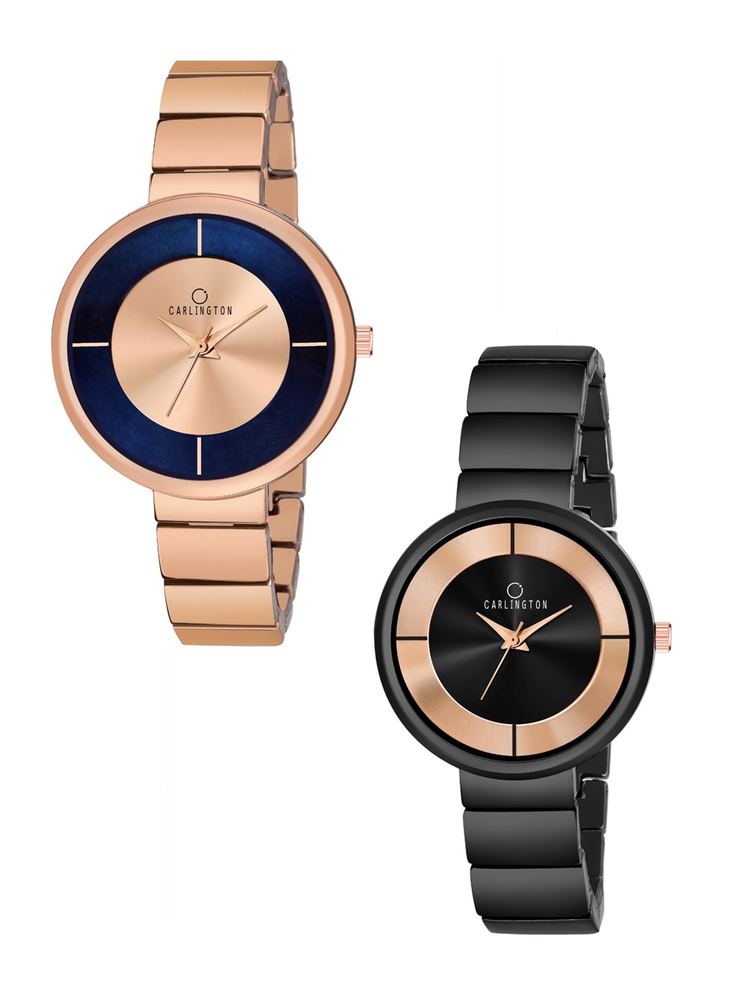 CARLINGTON Women Set of 2 Rose Gold & Black Analogue Watch