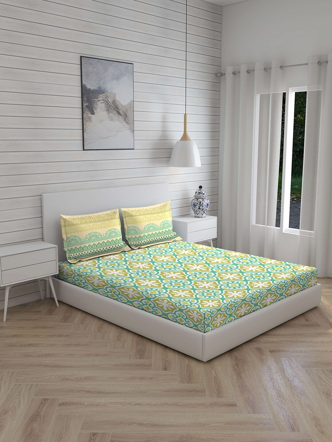 Layers Green & Yellow Ethnic Motifs 144 TC Cotton 1 King Bedsheet with 2 Pillow Covers
Layers Green & Yellow Ethnic Motifs 144 TC Cotton 1 King Bedsheet with 2 Pillow Covers