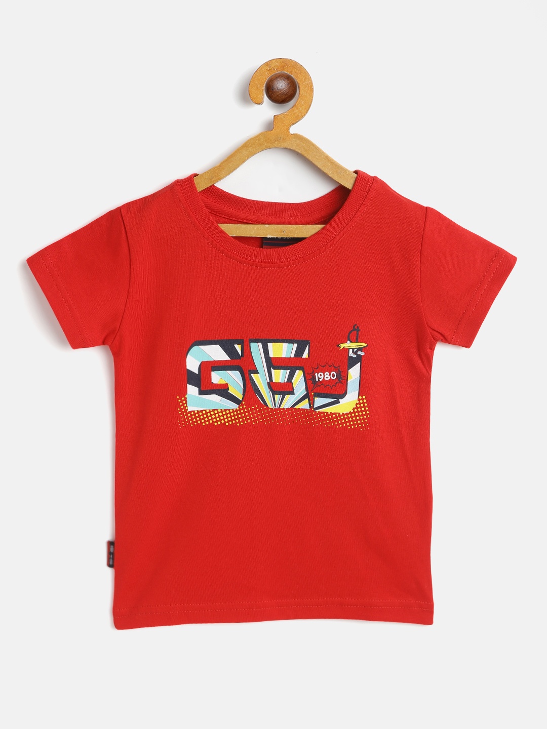 Gini and Jony Boys Red Brand Logo Printed Cotton T-shirt