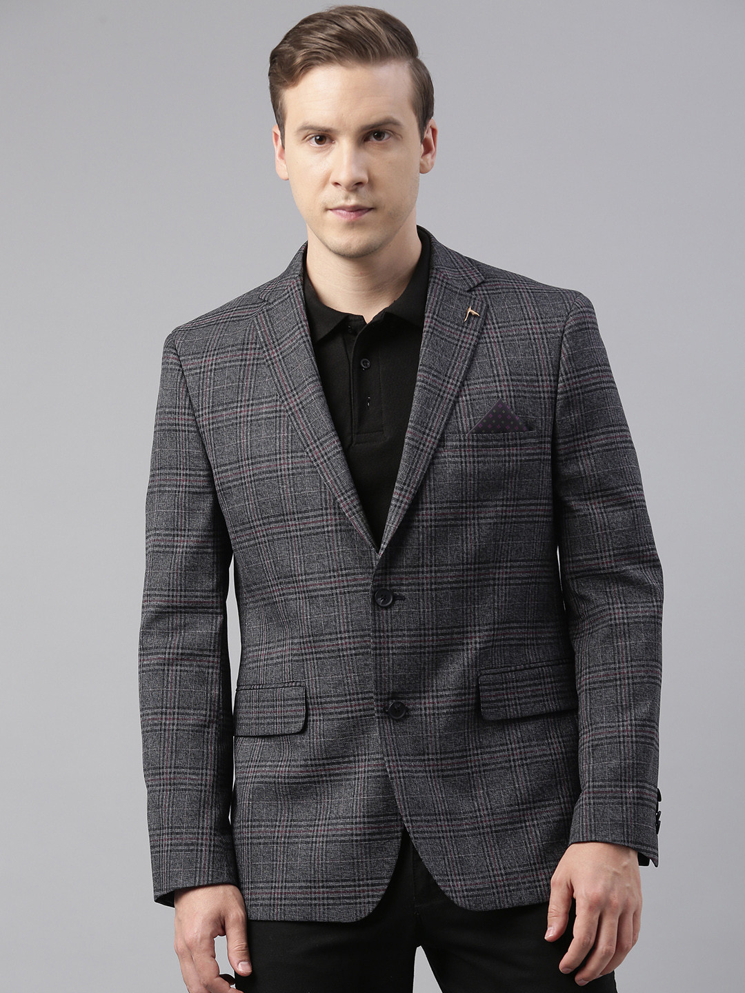 Theme Men Charcoal Grey & Black Checked Slim Fit Single Breasted Casual Blazer 
Theme Men Charcoal Grey & Black Checked Slim Fit Single Breasted Casual Blazer