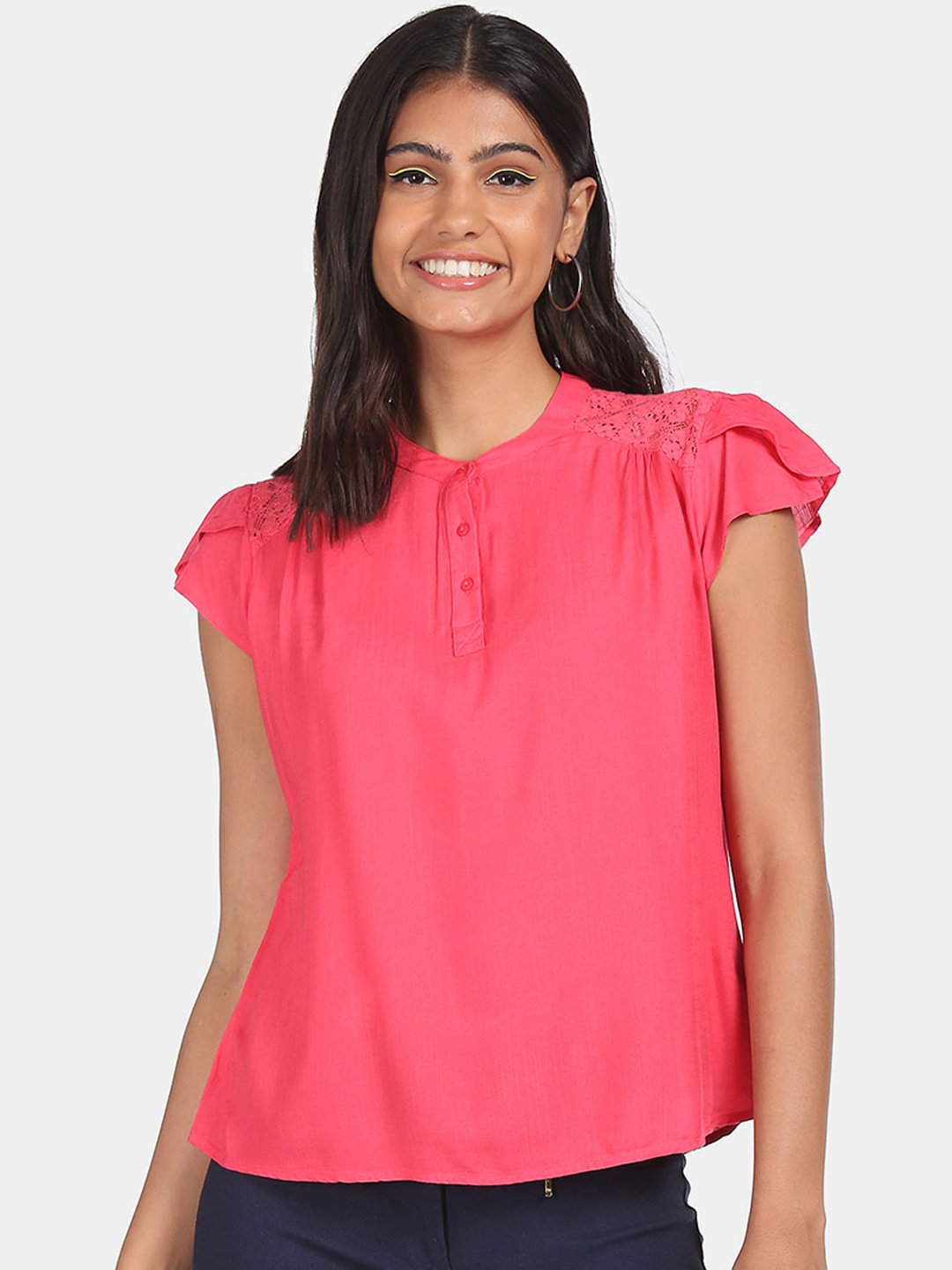Sugr Coral Pink Tulip Sleeve Lace Insert Top