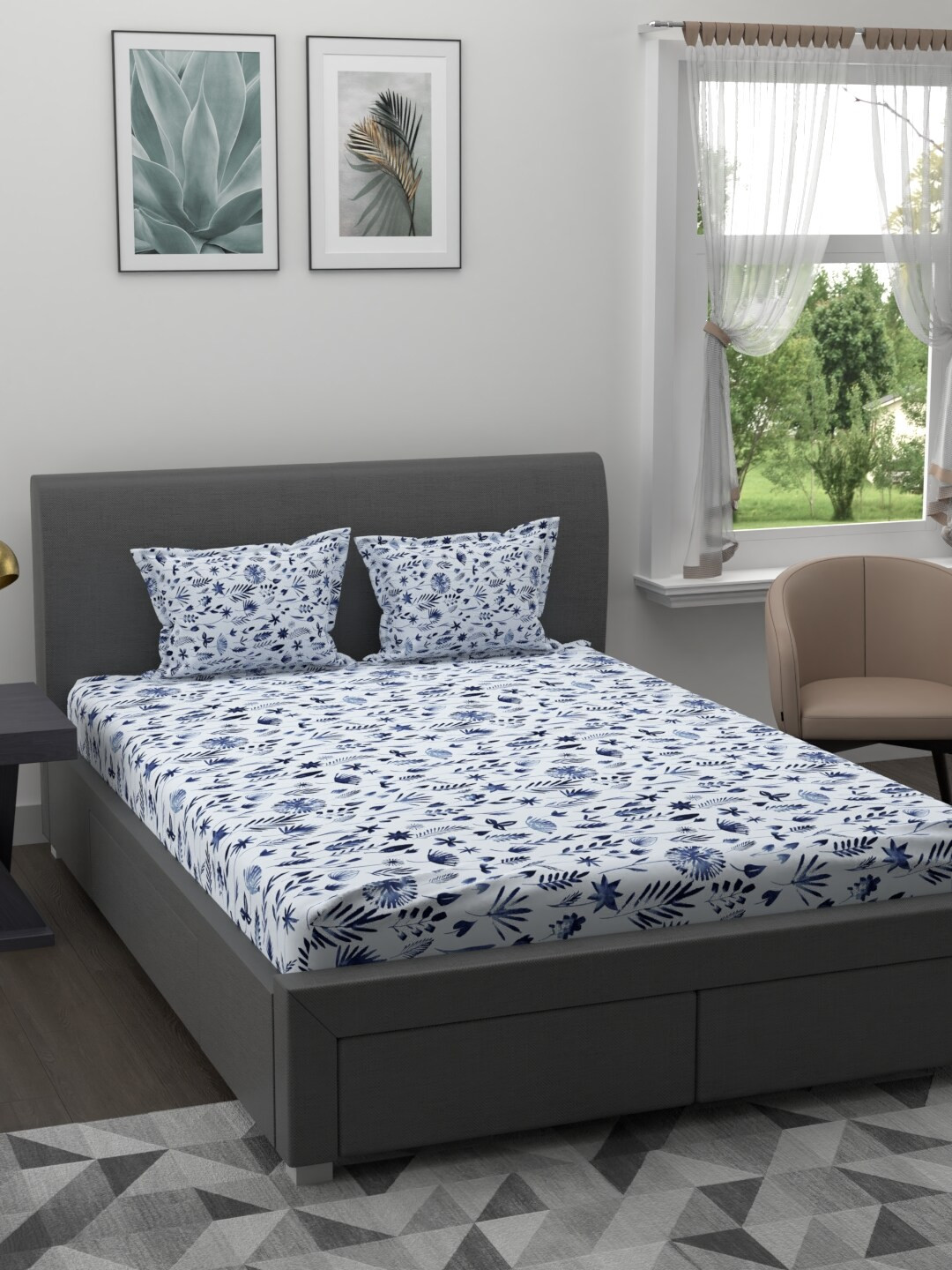 MYTRIDENT White Navy Blue Floral 200 TC Cotton 1 King Bedsheet with 2 Pillow Covers 
MYTRIDENT White Navy Blue Floral 200 TC Cotton 1 King Bedsheet with 2 Pillow Covers