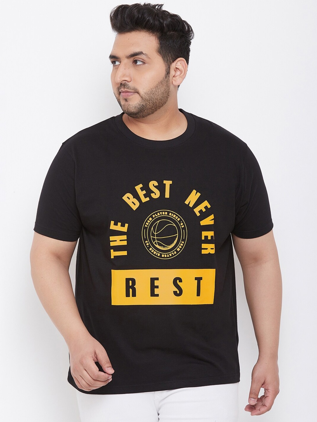 bigbanana Men Plus Size Black & Mustard Yellow Pure Cotton Printed Round Neck T-shirt
bigbanana Men Plus Size Black & Mustard Yellow Pure Cotton Printed Round Neck T-shirt