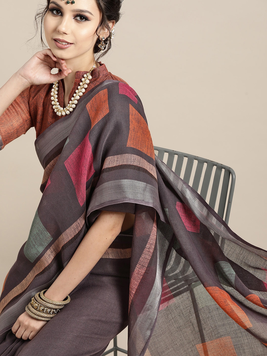 Saree mall Grey & Pink Printed Saree
