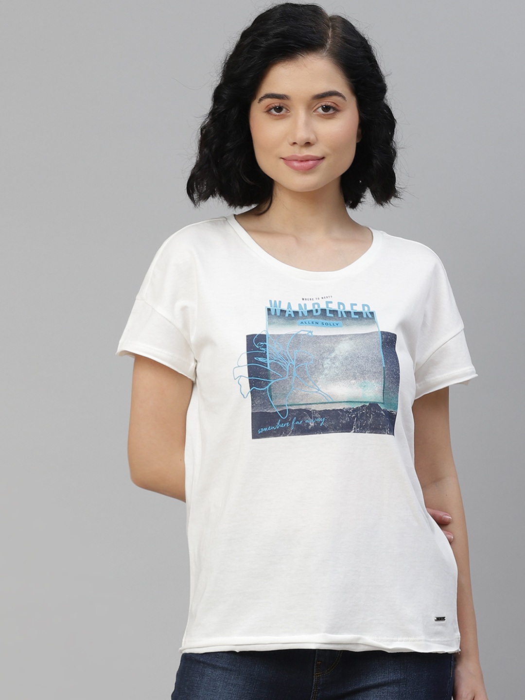 Allen Solly Woman White & Charcoal Grey Flock Effect Pure Cotton Graphic Printed T-shirt
Allen Solly Woman White & Charcoal Grey Flock Effect Pure Cotton Graphic Printed T-shirt