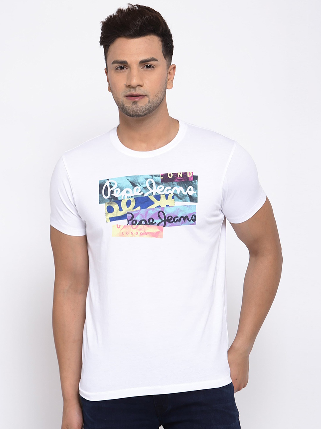 Pepe Jeans Men White Printed Round Neck T-shirt