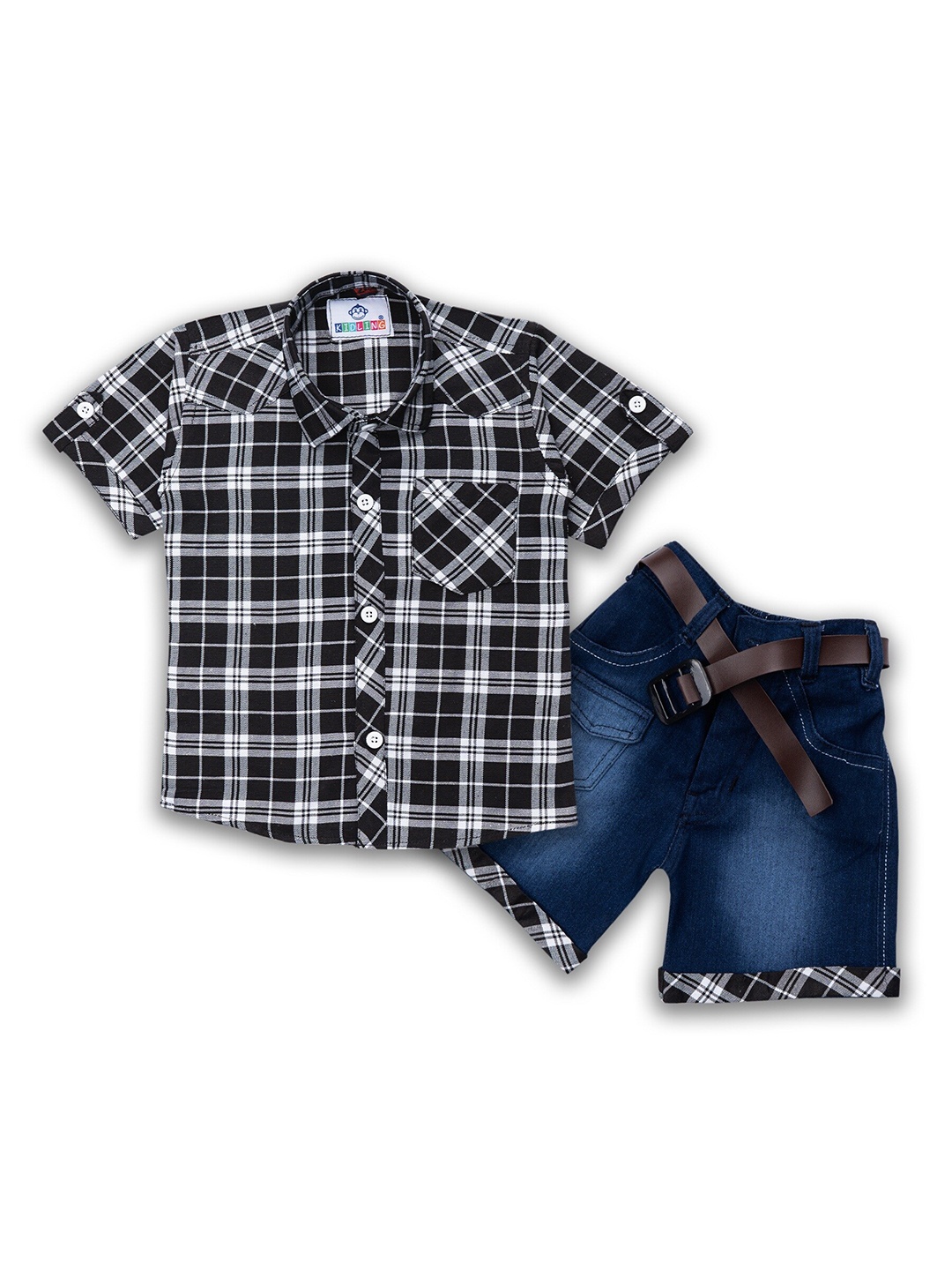 Kidling Boys Black & White Checked Shirt with Denim Shorts