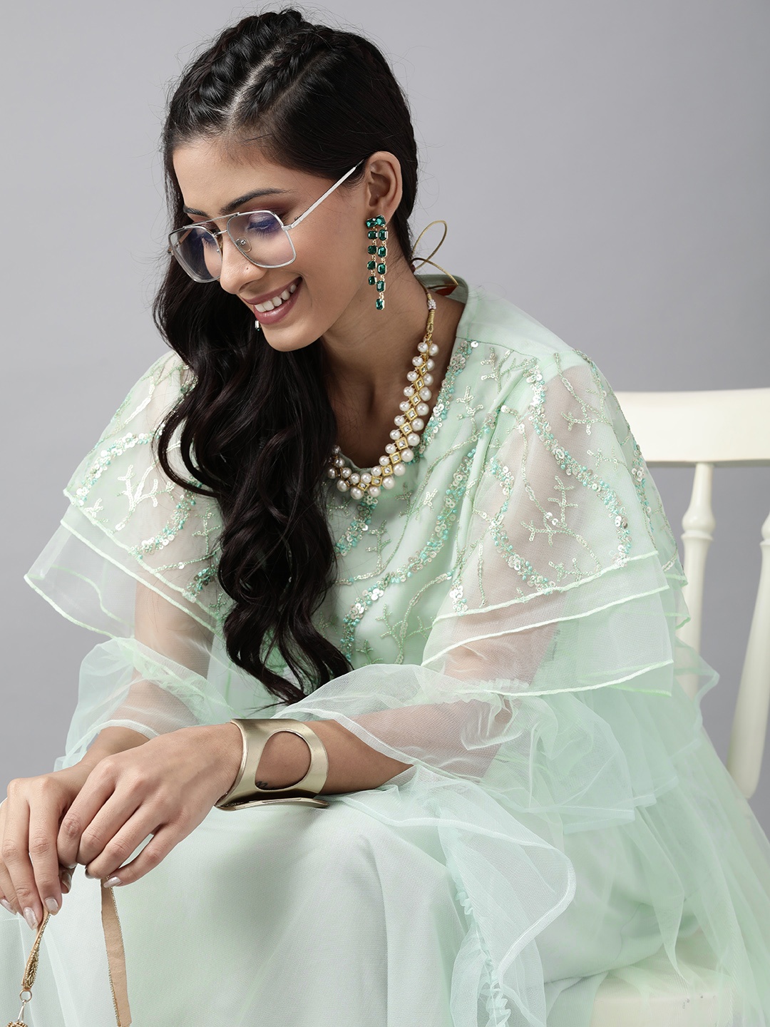 Indo Era Women Gorgeous Green Geometric Pastels Dress