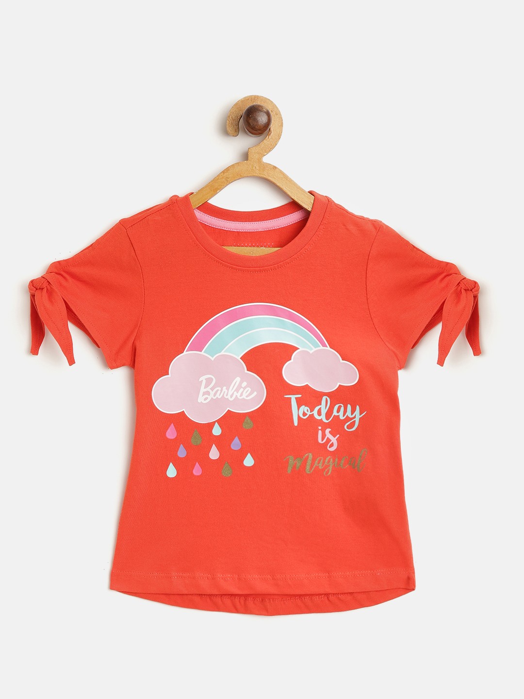 Barbie Girls Orange & Pink Pure Cotton Printed Slit Sleeve Regular Top