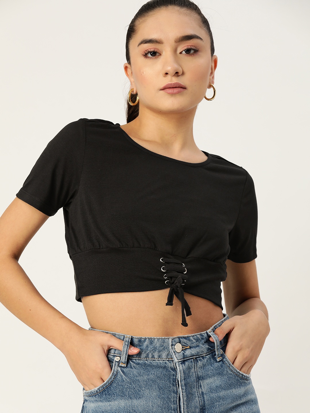 DressBerry Black Solid Cropped Regular Top