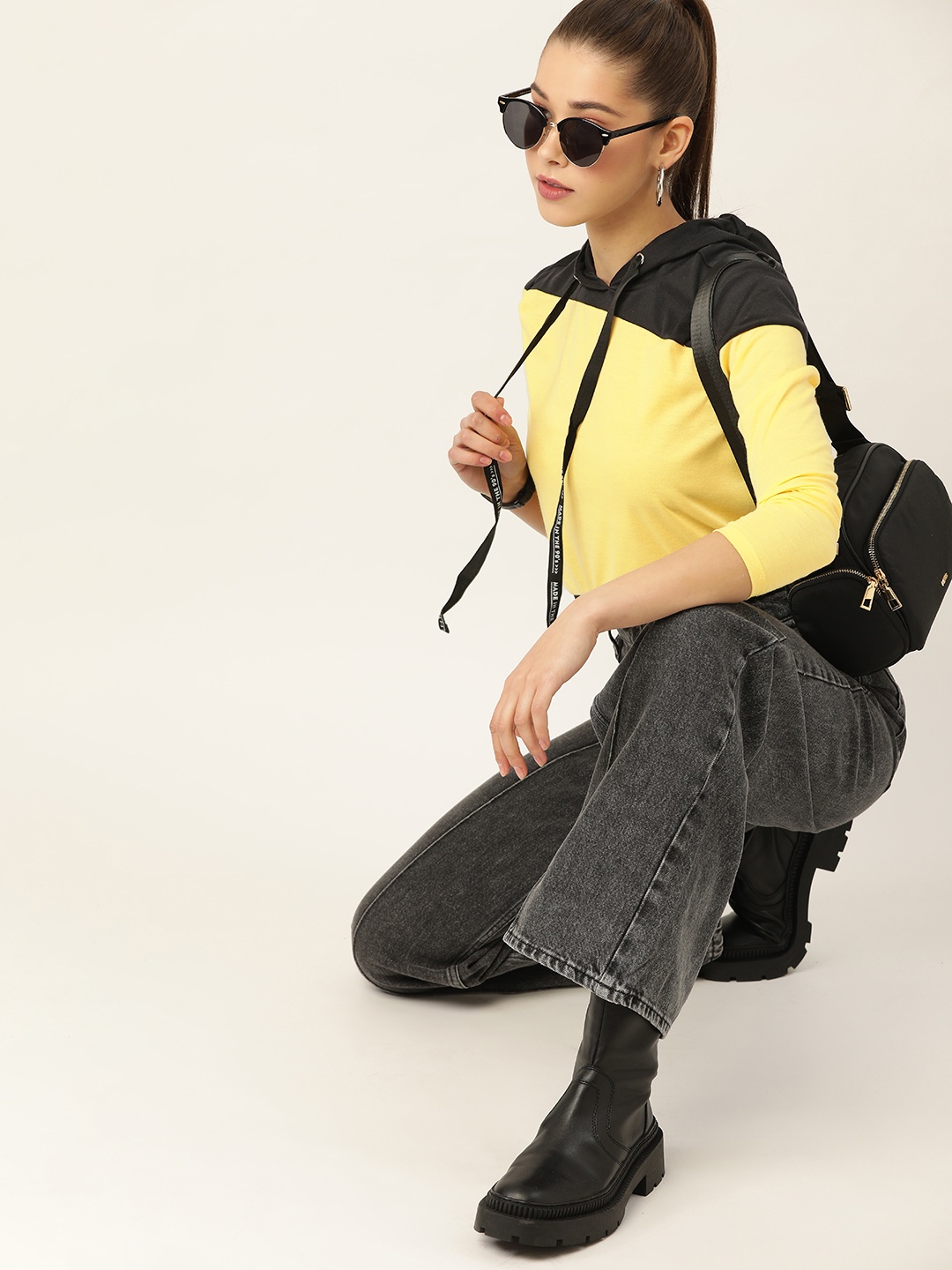 DressBerry Women Yellow & Black Colourblocked Hooded T-shirt