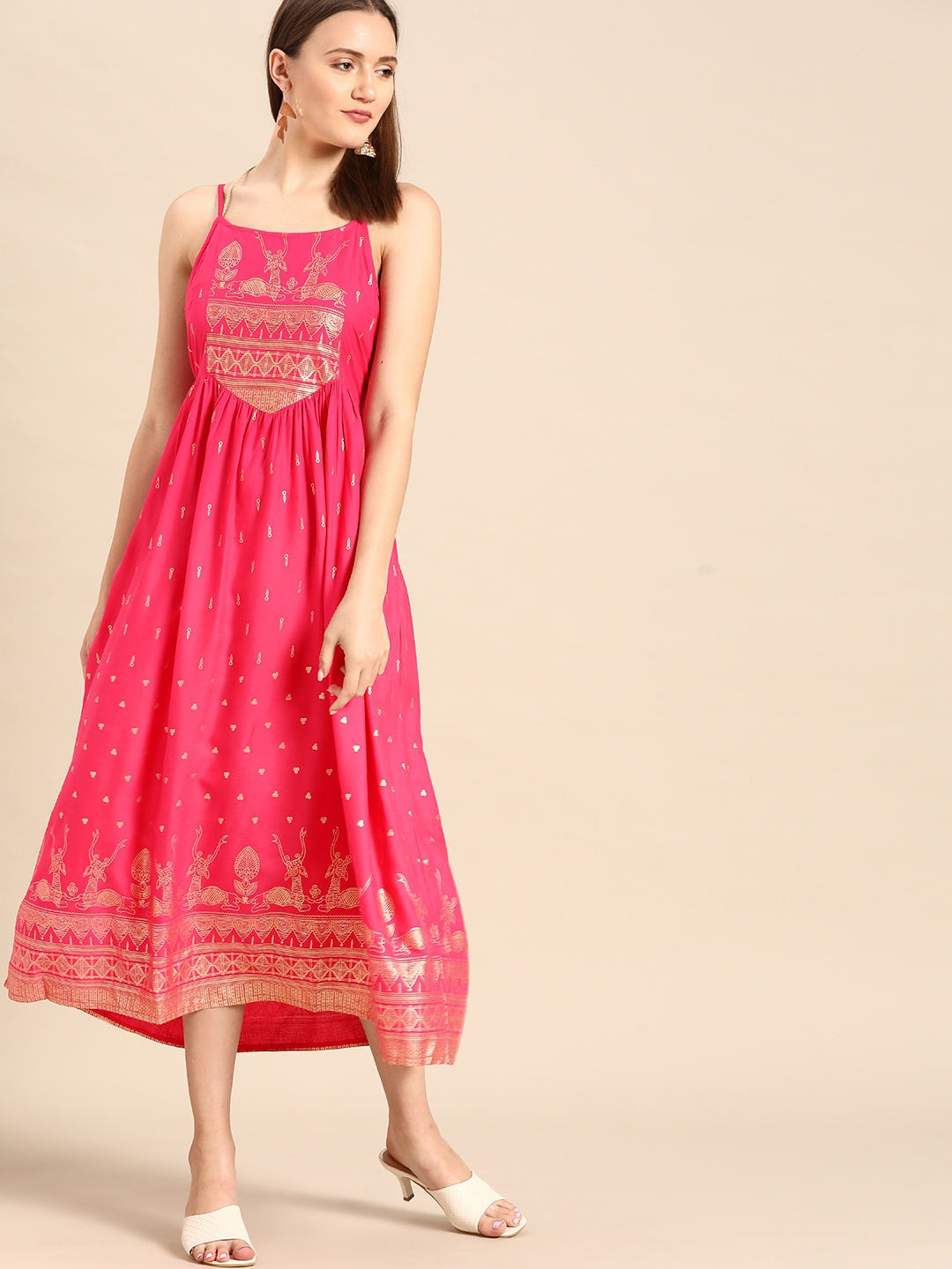 Anouk Pink & Golden Ethnic Motifs Ethnic A-Line Midi Dress