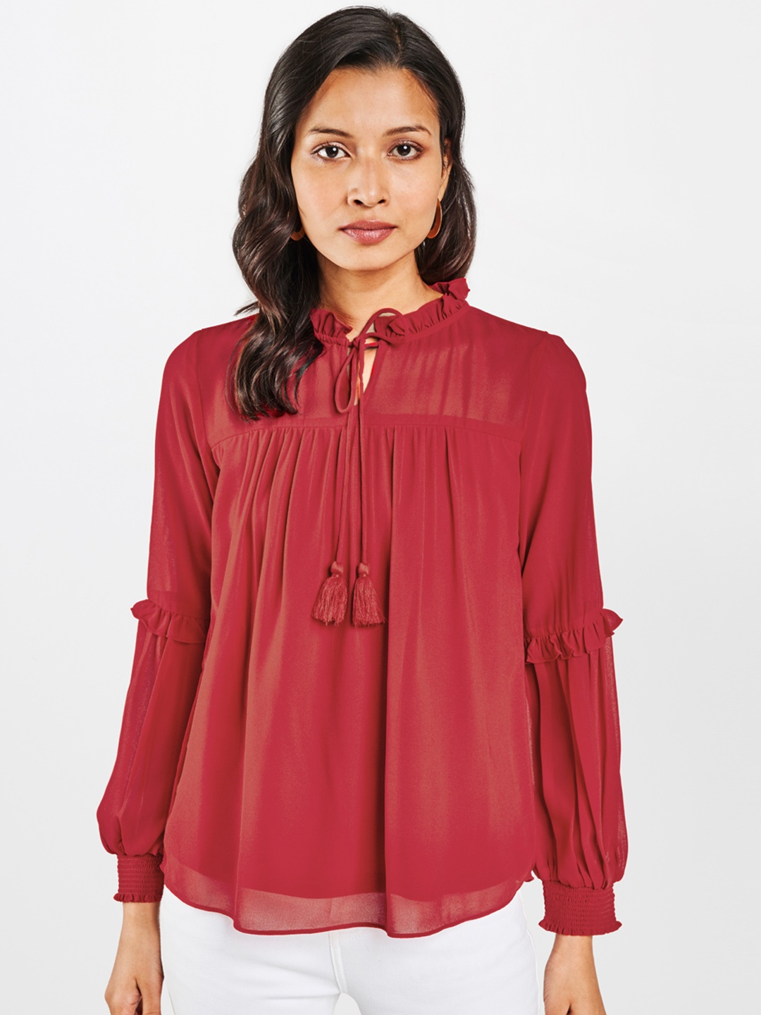 AND Women Red Semi Sheer Tie-Up Neck Top