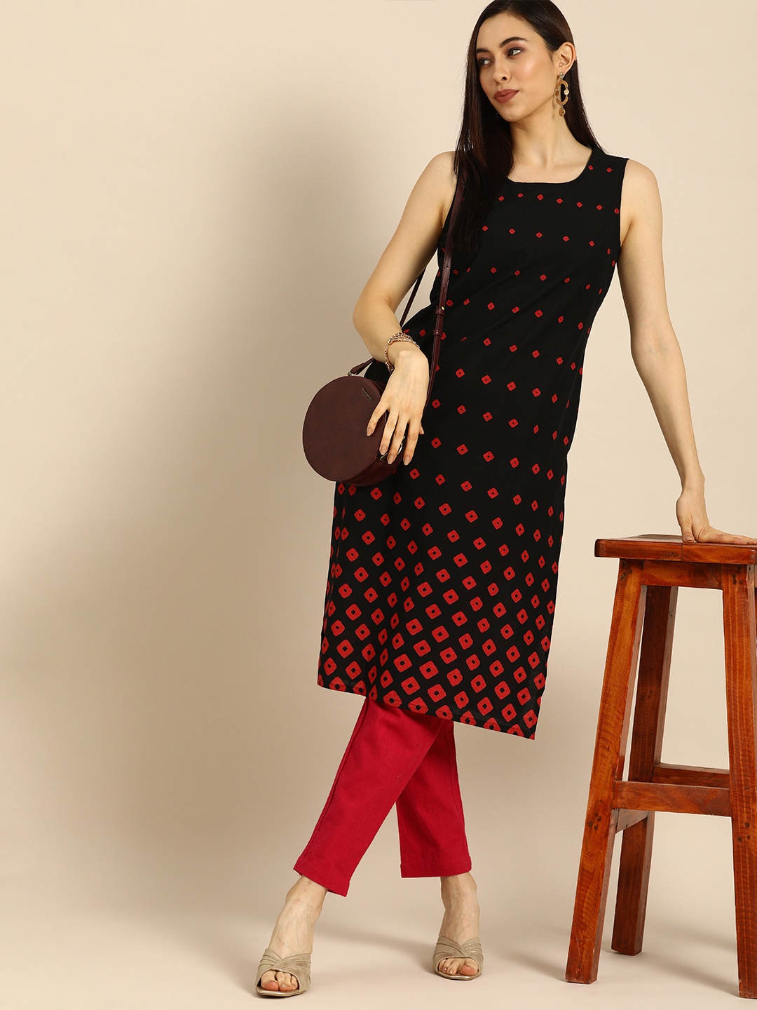 Anouk Women Black & Red Geometric Printed Kurta