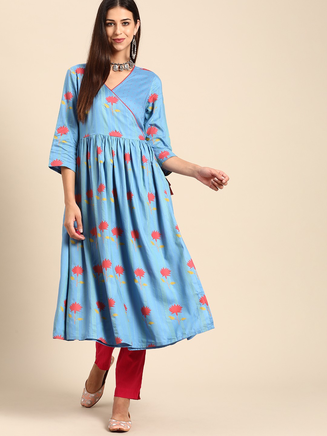 Anouk Women Blue & Pink Ethnic Motifs Printed Angrakha Kurta