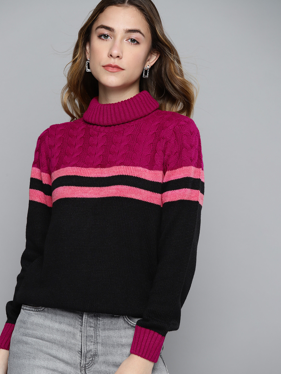 Chemistry Women Pink & Black Colourblocked Pullover
Chemistry Women Pink & Black Colourblocked Pullover