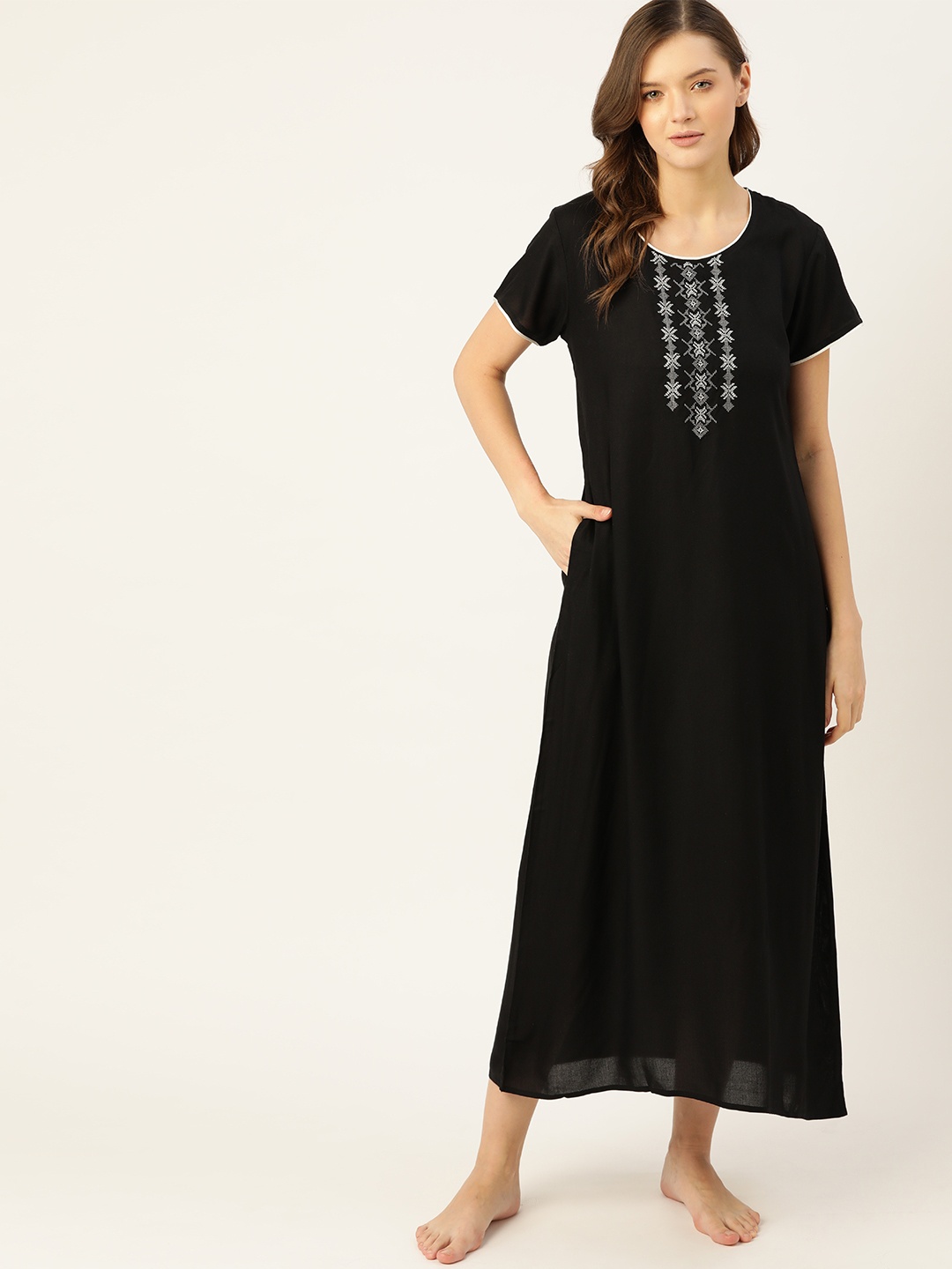 ETC Black Embroidered Yoke Maxi Nightdress